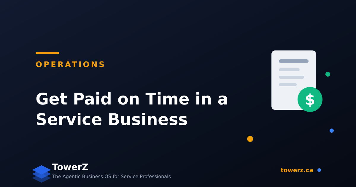 A practical system to stop chasing money in a service business: deposits, payment timing, invoice follow-up sequences, and automation inside TowerZ.