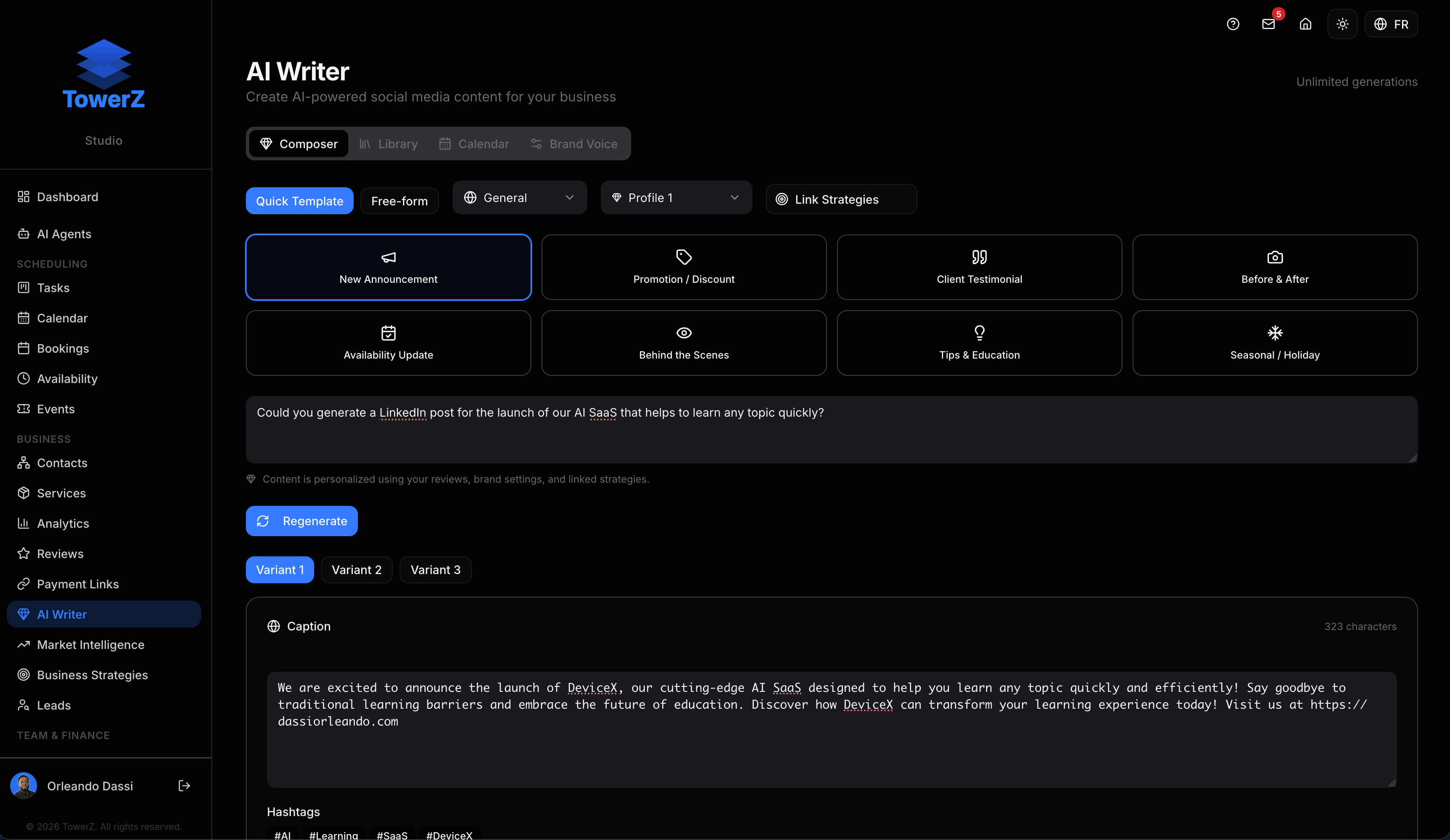 TowerZ AI Writer — content generation and calendar planning